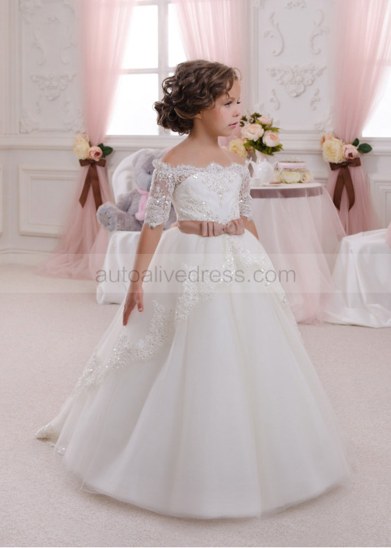 Off Shoulder Sequined Lace Tulle Long Flower Girl Dress